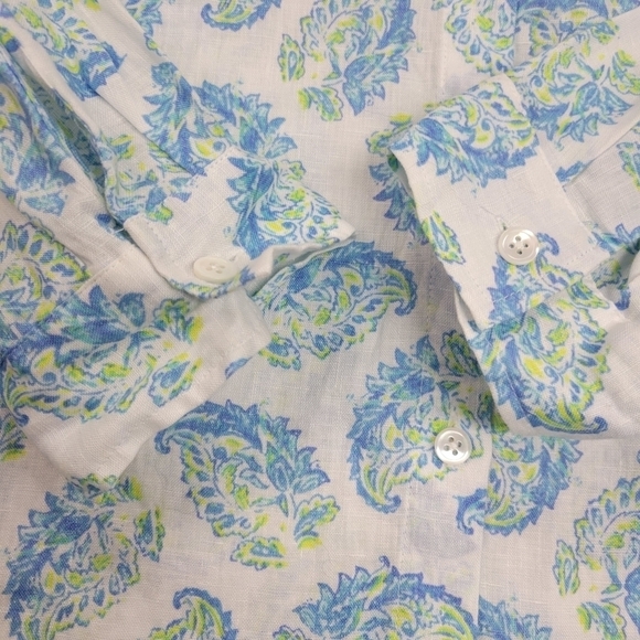 J. Jill Love Linen Blue Green Paisley Button Down Shirt Blouse Size Large - Picture 4 of 6